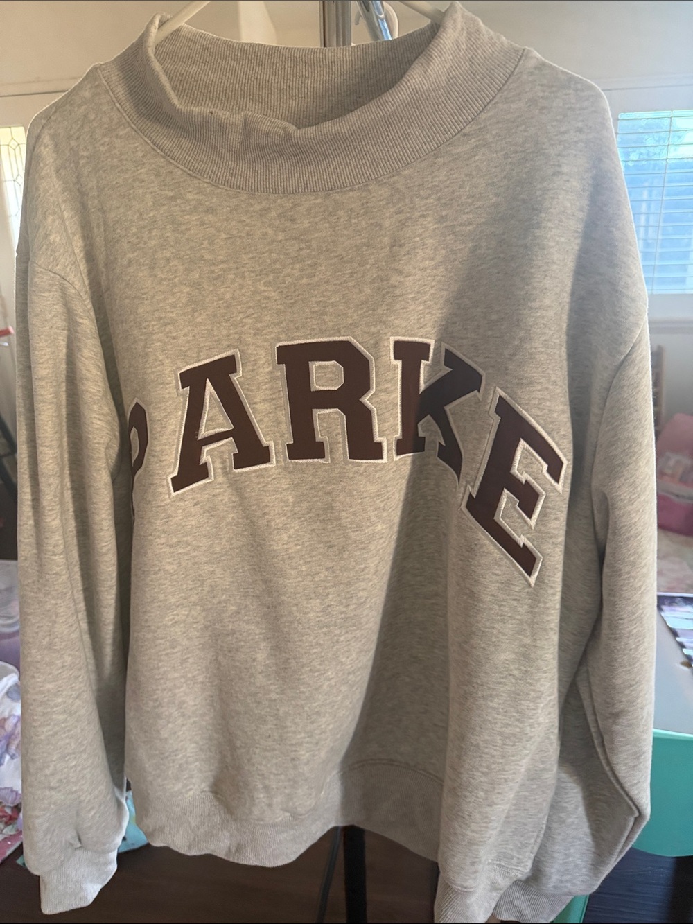 Parker Light Gray Cowl Neck Sweatshirt with Brown Logo